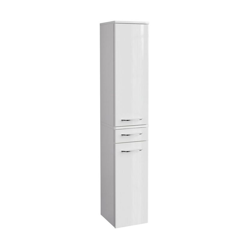 Weißer Hochschrank mit zwei Schubladen und einer Tür.