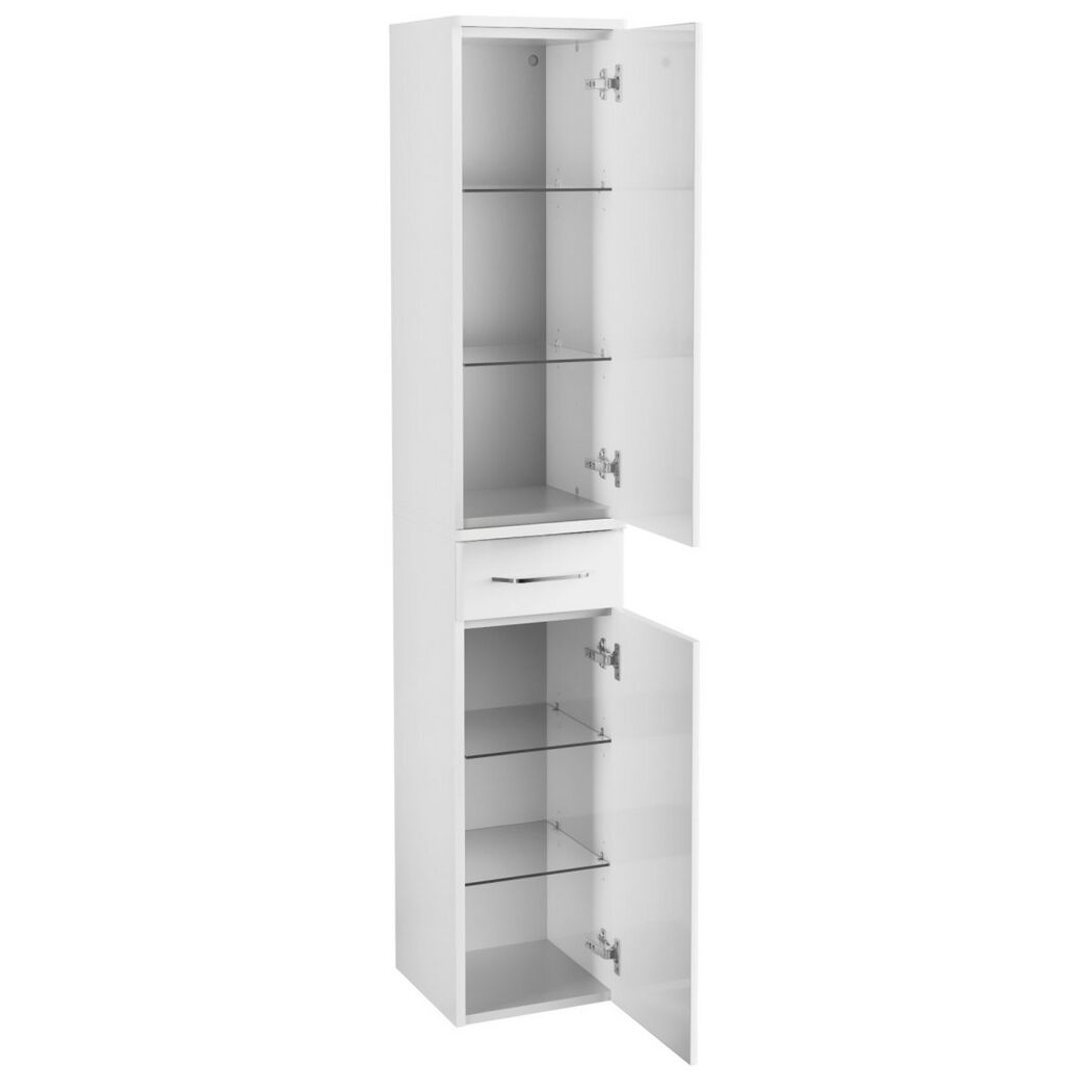 Weißer Hochschrank mit offener Tür und Schublade