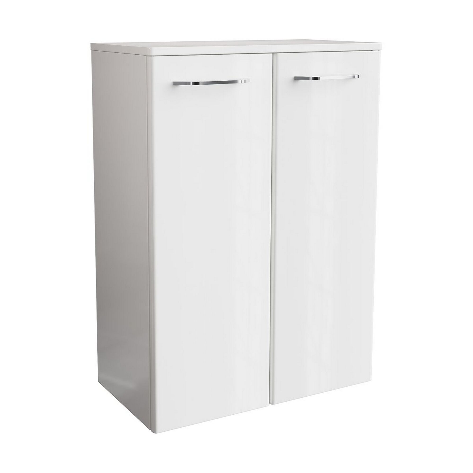 Weißer Hochschrank mit zwei Türen und silbernen Griffen.