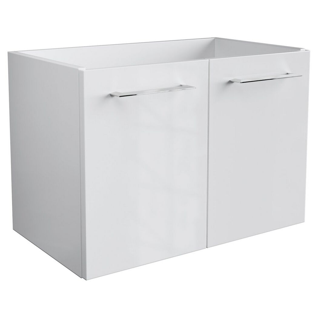 Weißer Waschbeckenunterschrank mit zwei silbernen Griffen.
