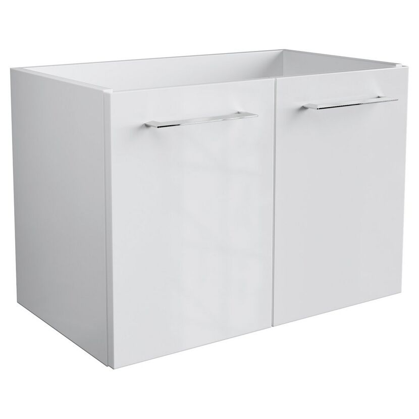 Weißer Waschbeckenunterschrank mit zwei silbernen Griffen.