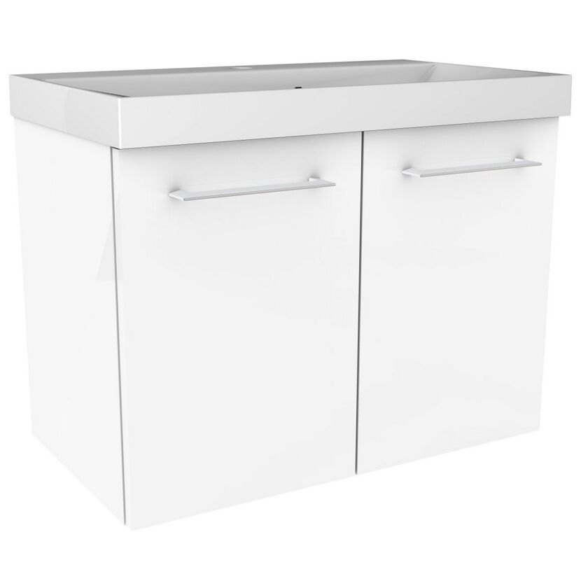 Weißer Waschbeckenunterschrank mit zwei Türen und silbernen Griffen.