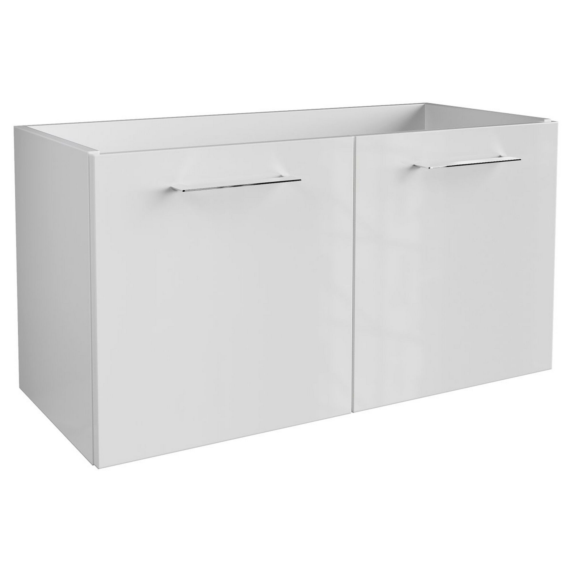 Weißer Waschbeckenunterschrank mit zwei Türen und Griffen.