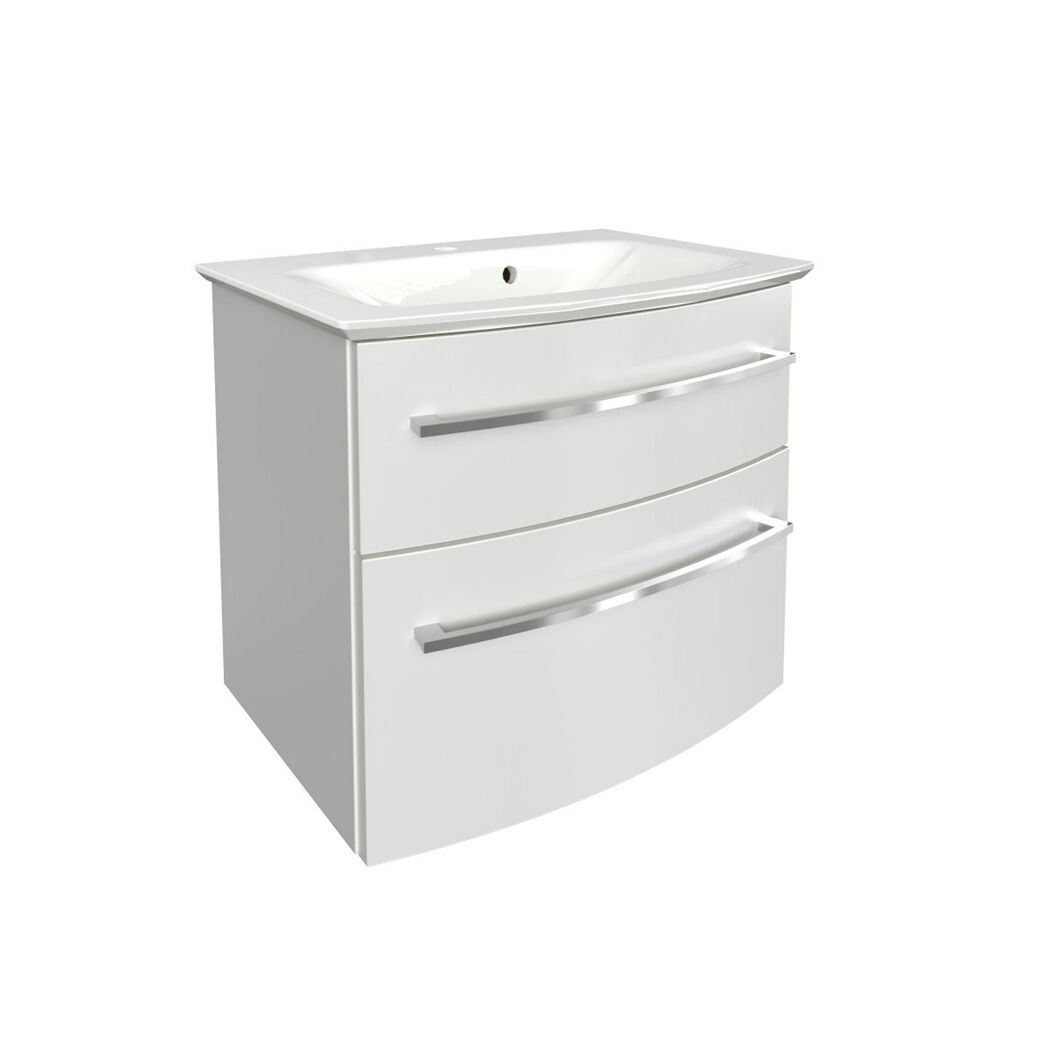 Weißer Waschtischunterschrank mit zwei Schubladen und Waschbecken.