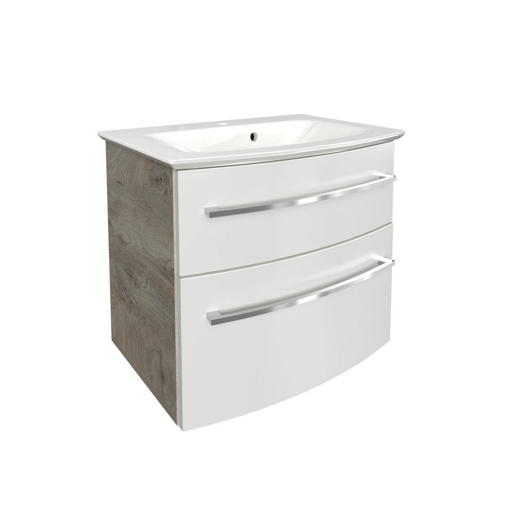 Weißer Waschtischunterschrank mit zwei Schubladen und Waschbecken.