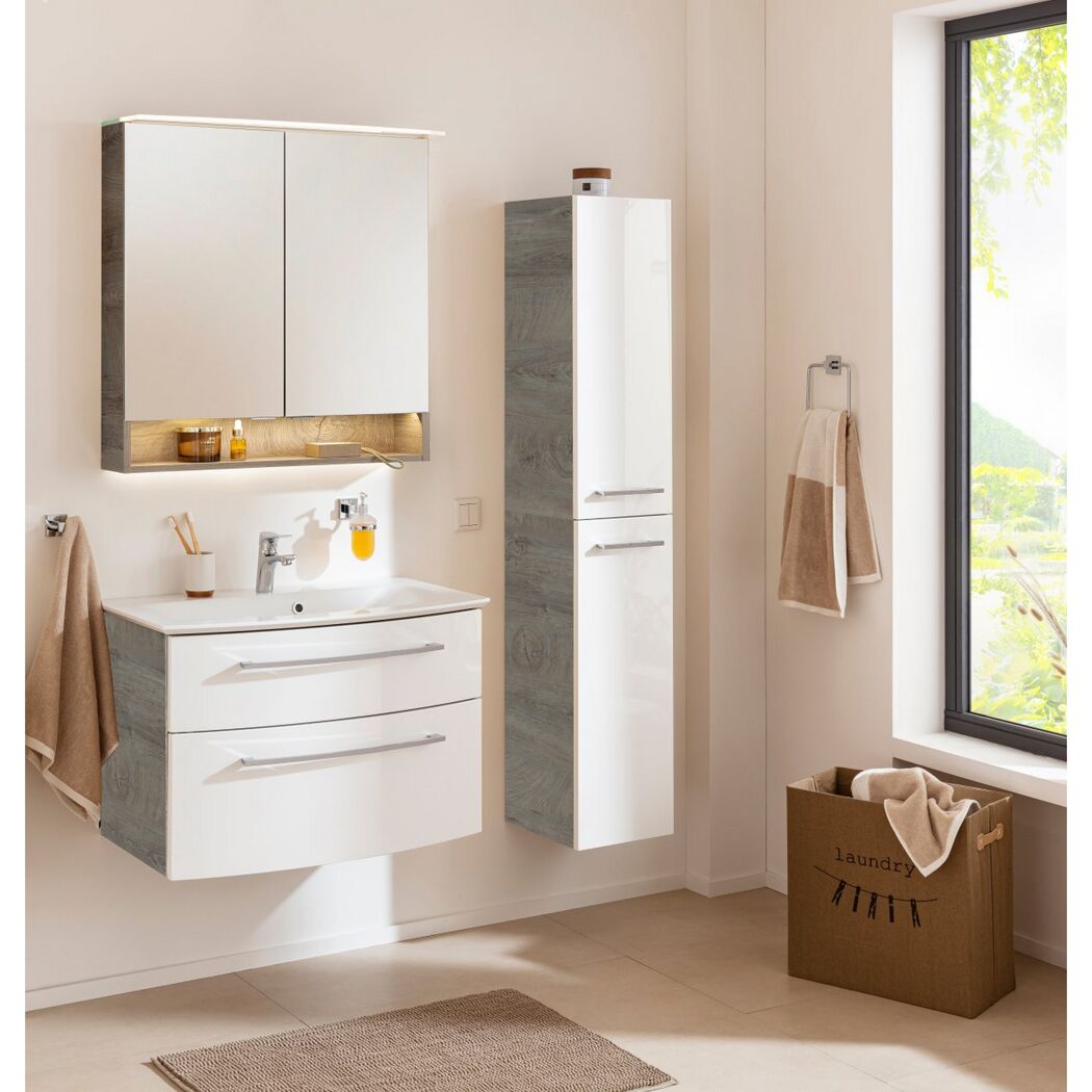 Badezimmermöbel Set mit Spiegelschrank, Waschbeckenunterschrank und Hochschrank