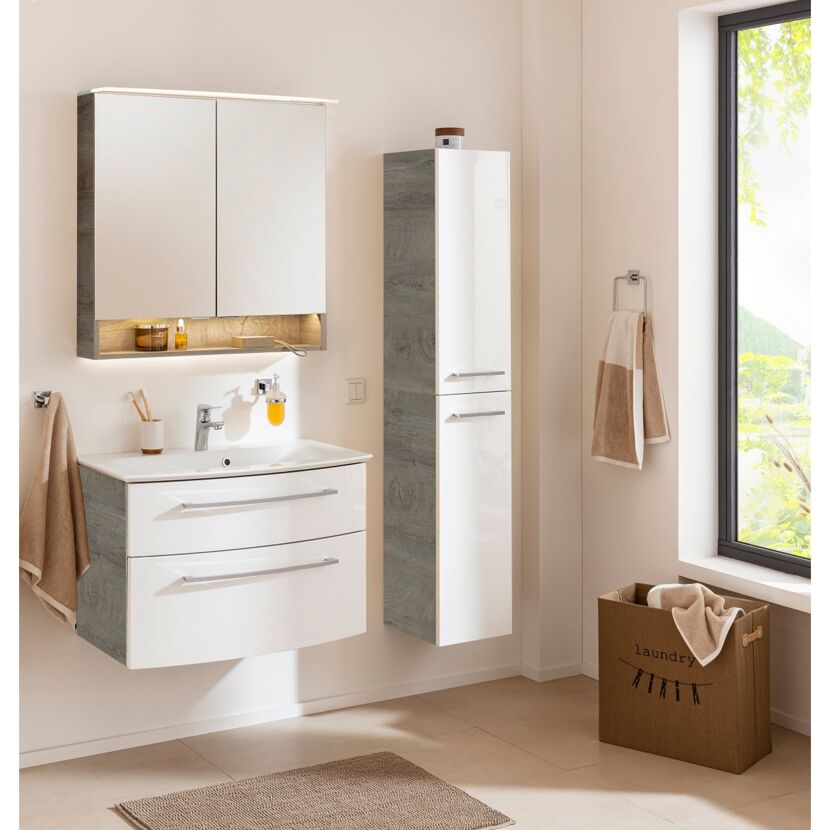Badezimmermöbel Set mit Spiegelschrank, Waschbeckenunterschrank und Hochschrank