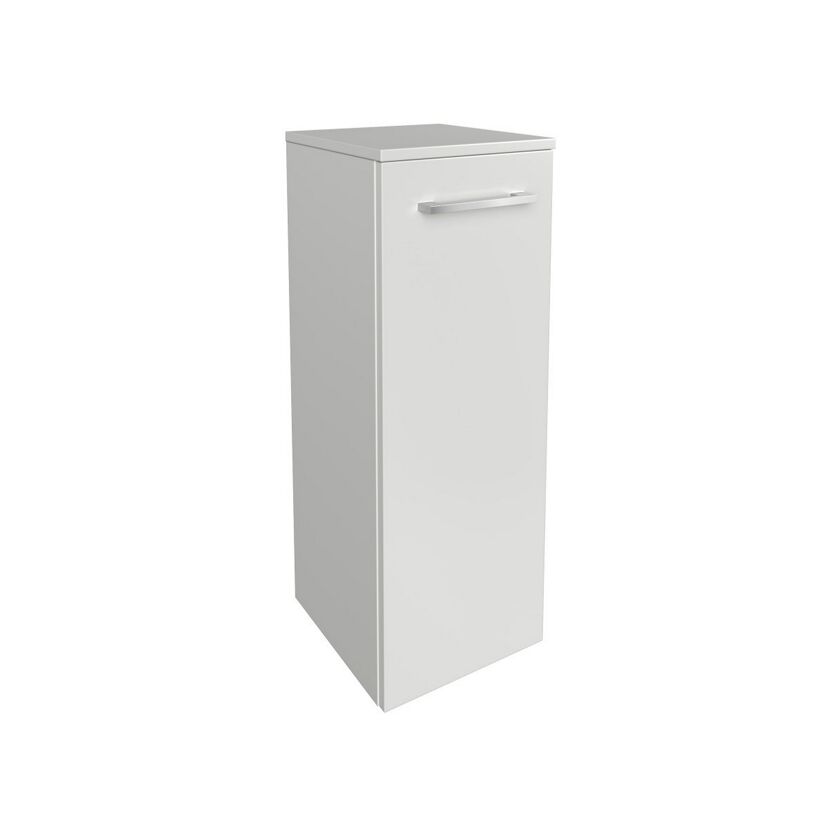 Weißer Hochschrank mit silbernem Griff.