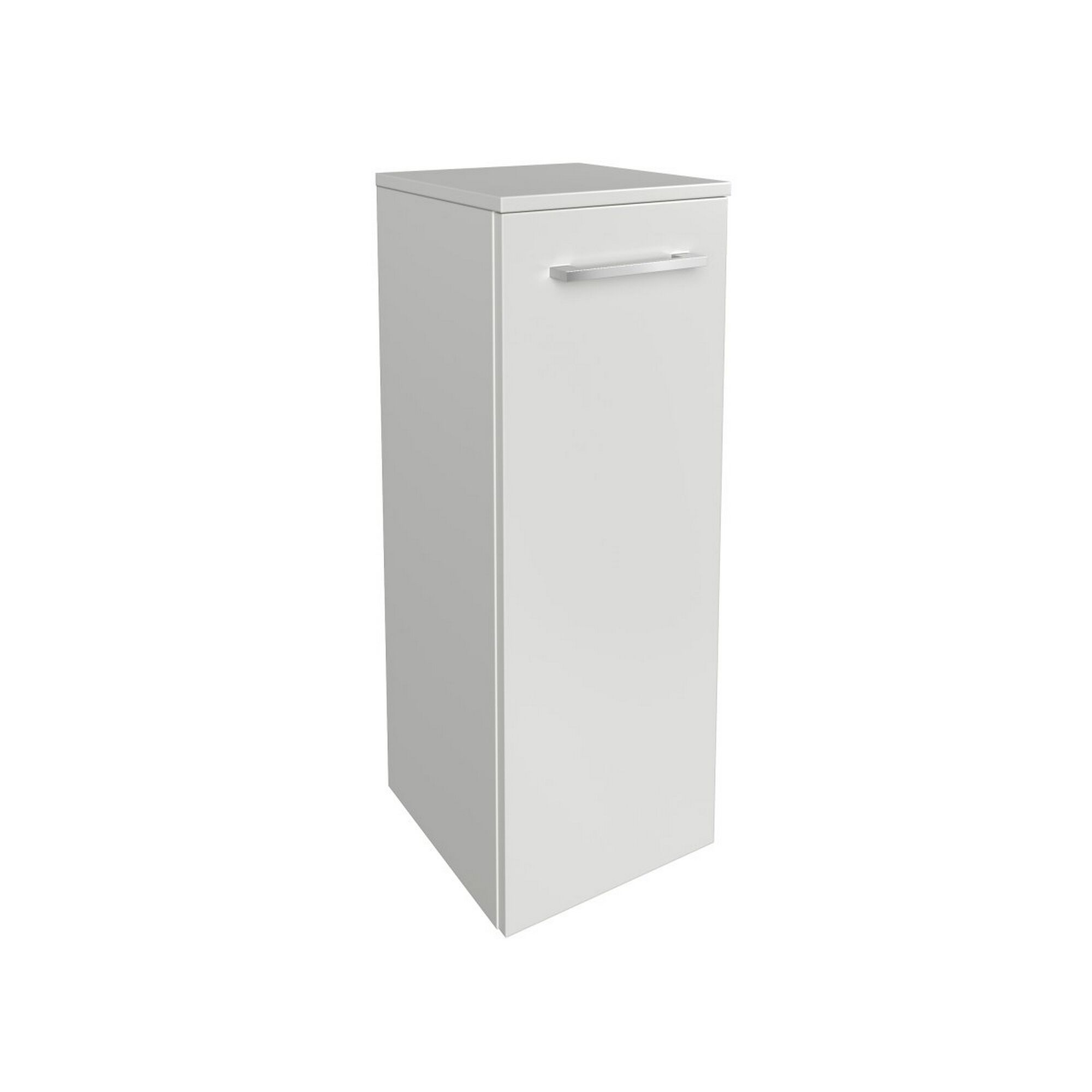 Weißer Hochschrank mit silbernem Griff.