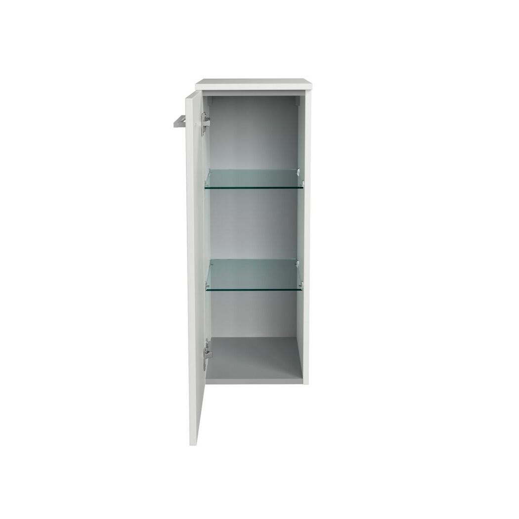 Weißer Hochschrank mit offener Tür und zwei Glasböden.