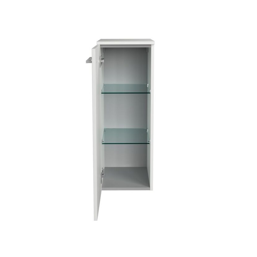 Weißer Hochschrank mit offener Tür und zwei Glasböden.