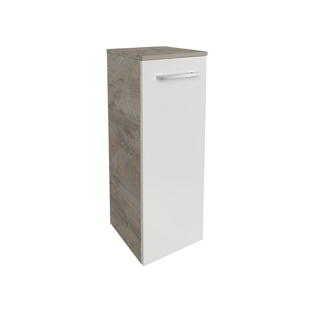 Weißer Hochschrank mit brauner Ablage
