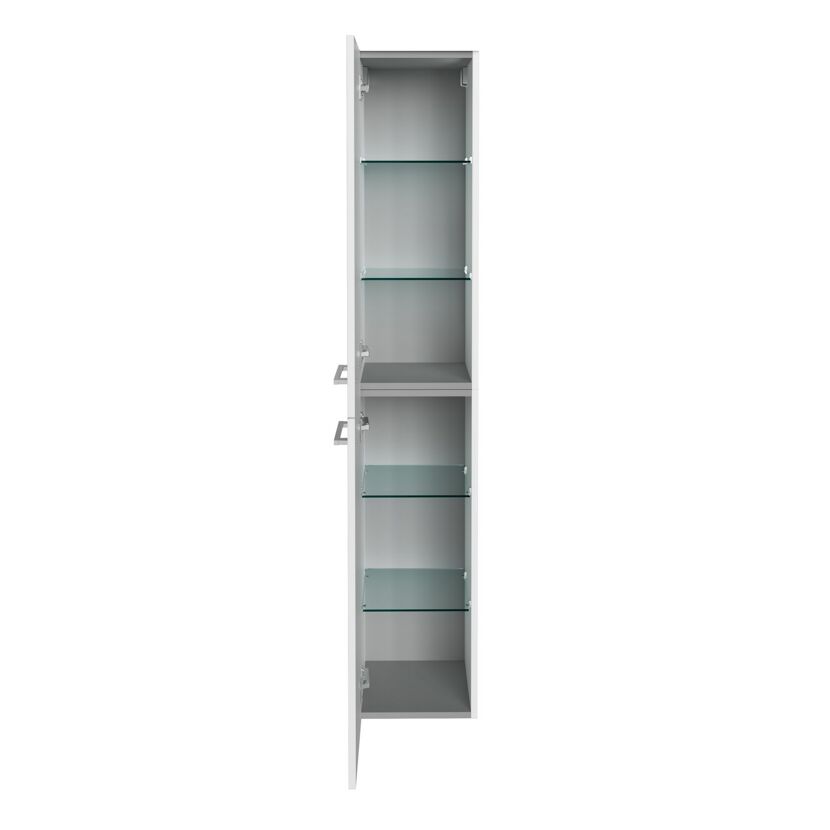 Weißer Hochschrank mit geöffneter Tür und Glaseinlegeböden