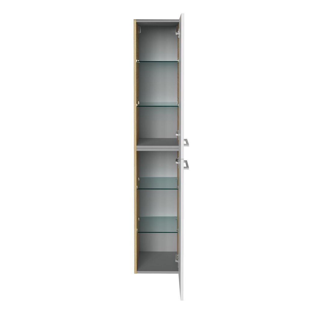 Weißer Hochschrank mit offenen Fächern und Glastüren.