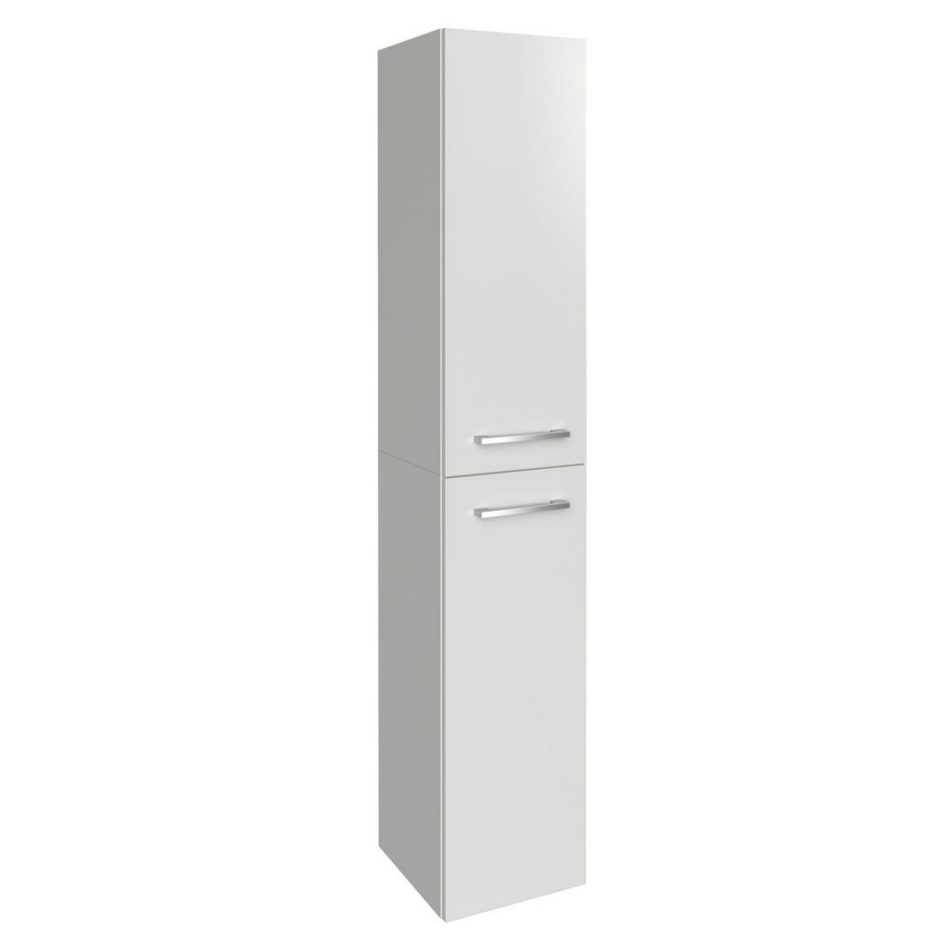 Weißer Hochschrank mit zwei Türen.