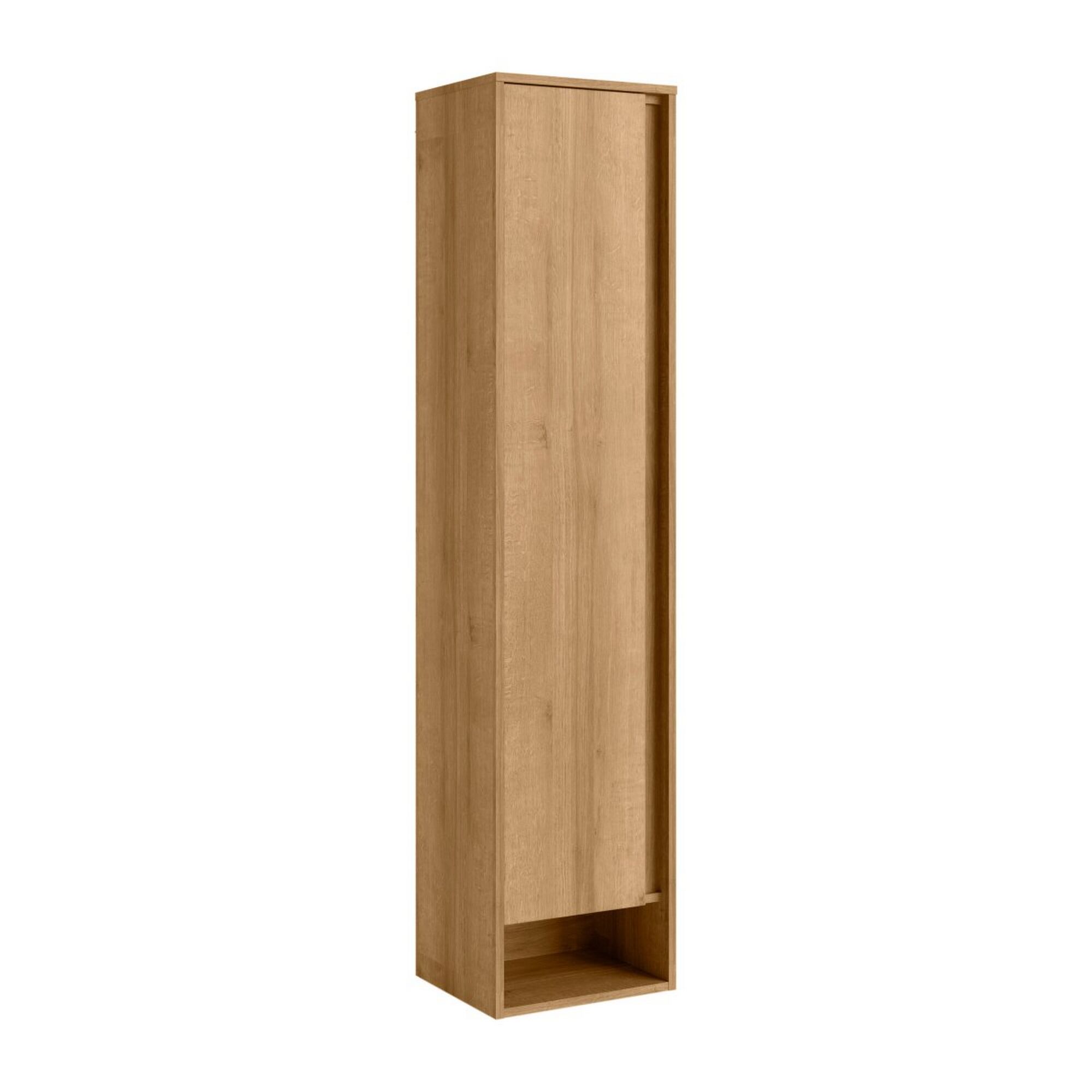Hoher Badschrank aus Holz mit Tür und offenem Fach