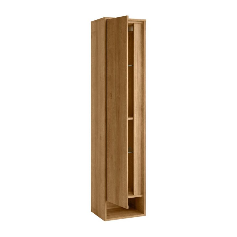 Hoher Badschrank aus Holz mit offener Tür.