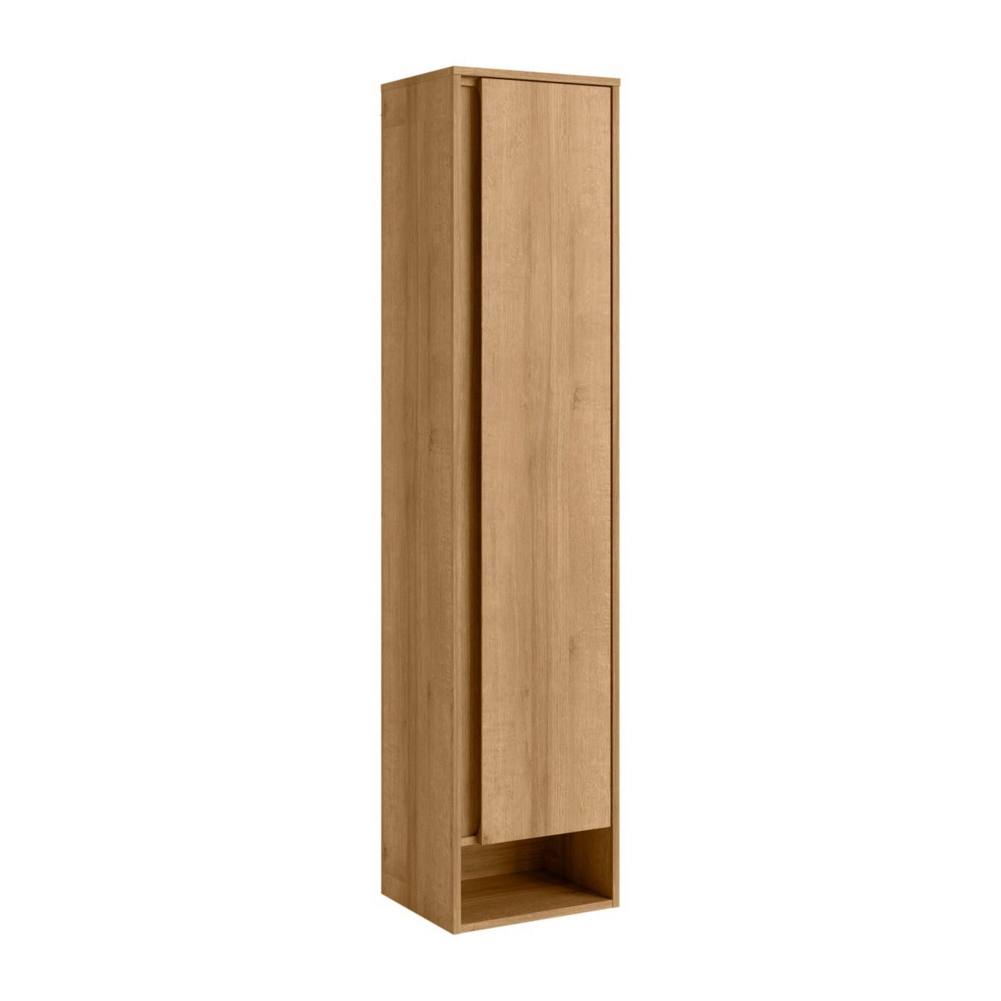 Hoher Badschrank aus Holz mit Tür und offenem Fach