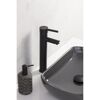 Waschbecken mit schwarzem Wasserhahn und Seifenspender