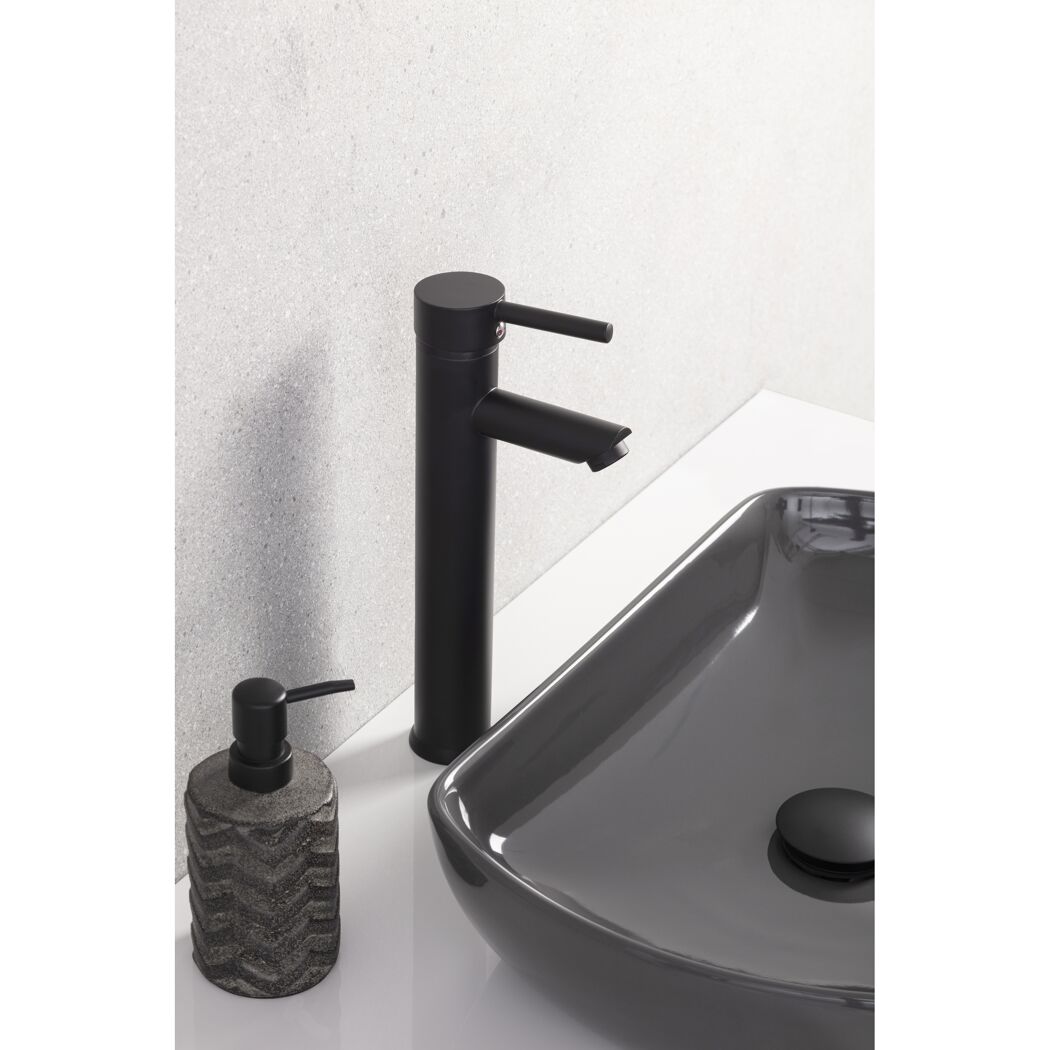 Waschbecken mit schwarzem Wasserhahn und Seifenspender
