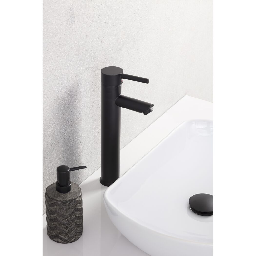 Waschbecken mit schwarzem Wasserhahn und Seifenspender