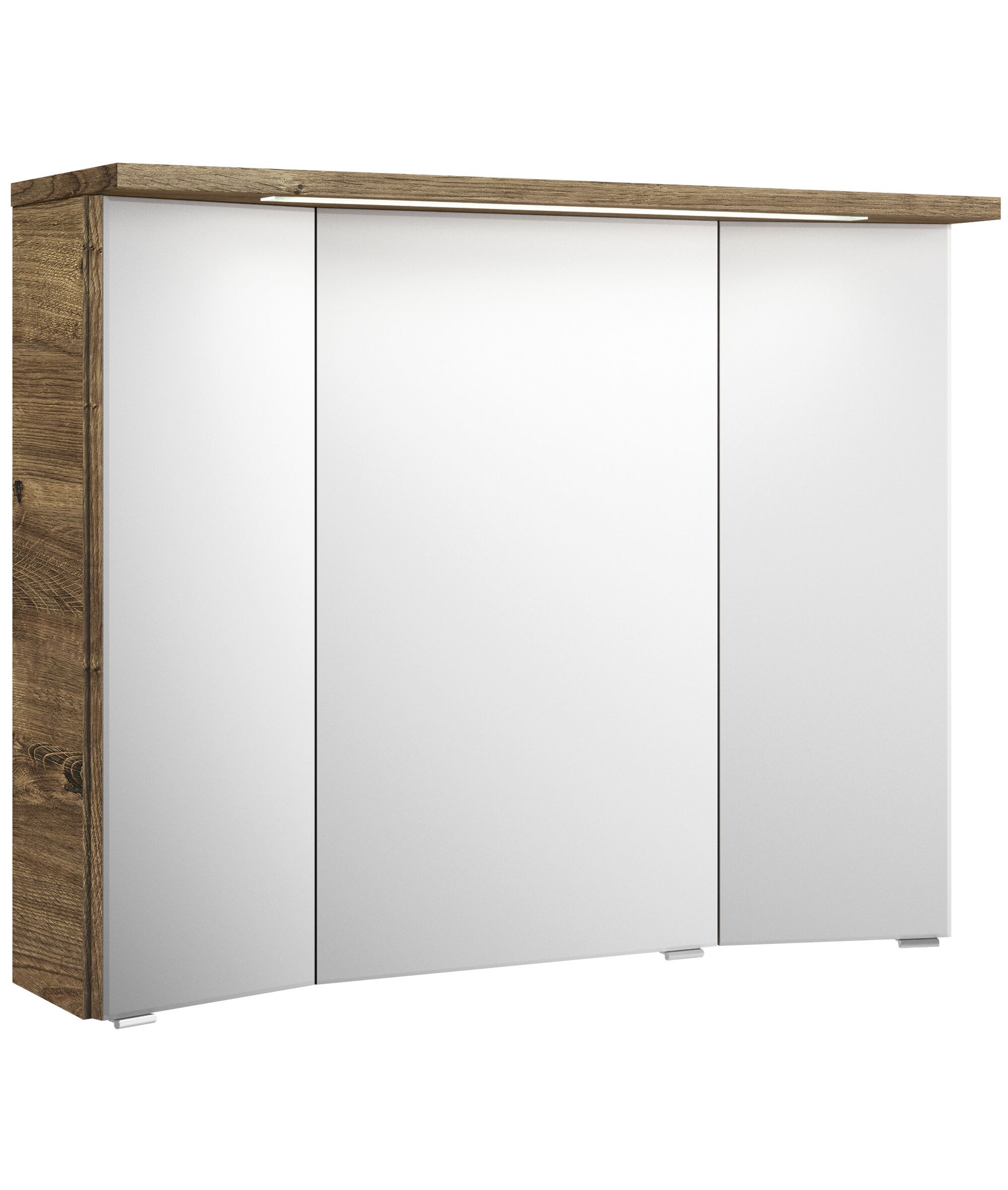 Weißer dreitüriger Badspiegel mit Spiegeltüren und LED-Beleuchtung.