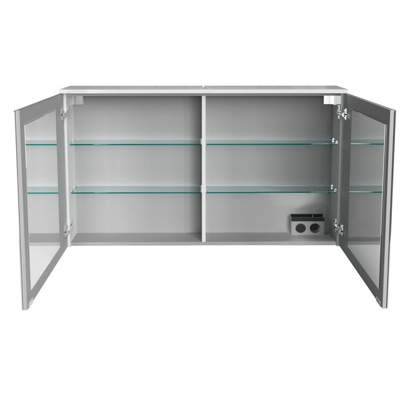 Geöffneter Spiegelschrank mit Glaseinlegeböden