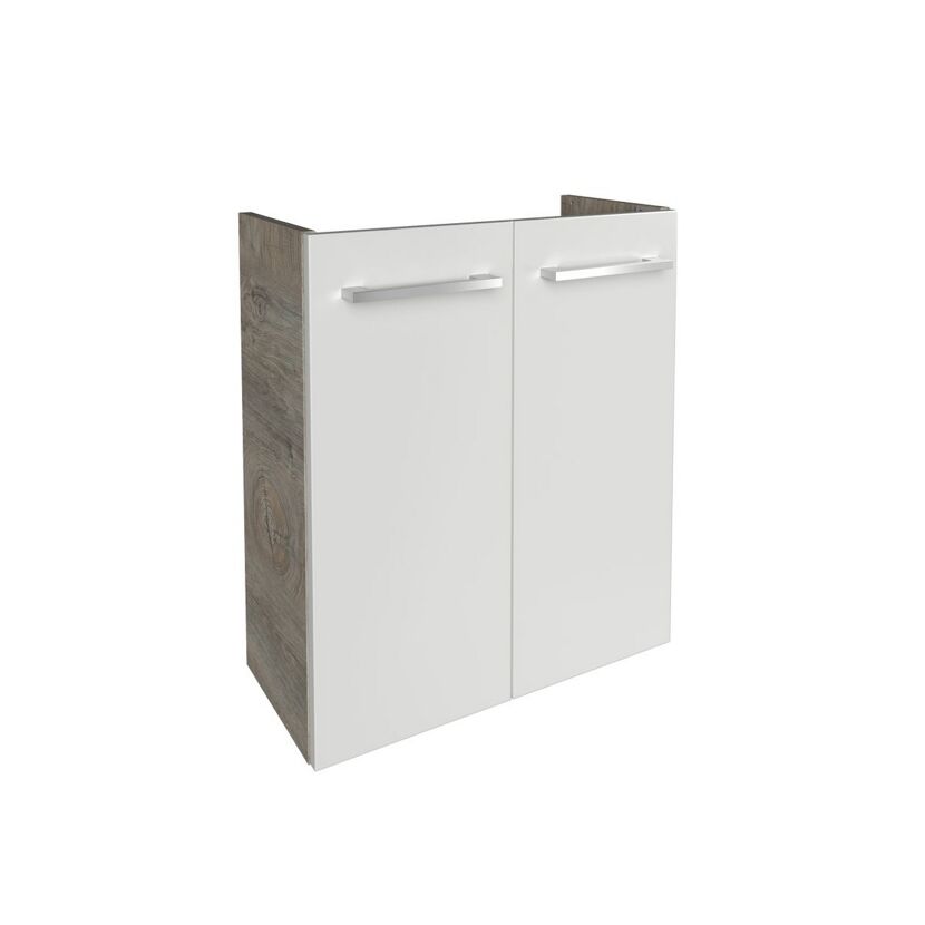 Weißer Waschbeckenunterschrank mit zwei Türen und Griffen.