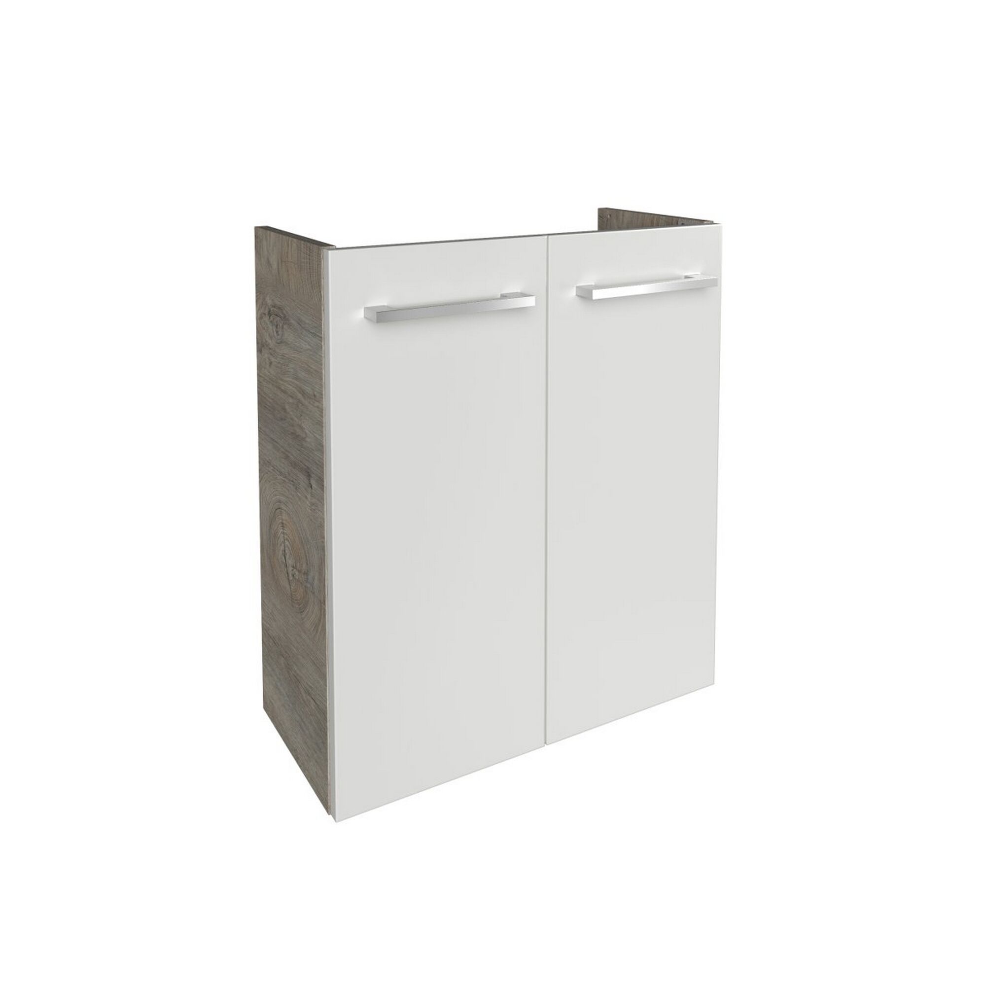 Weißer Waschbeckenunterschrank mit zwei Türen und Griffen.