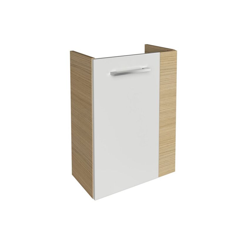 Weißer Waschbeckenunterschrank mit Holzelementen.
