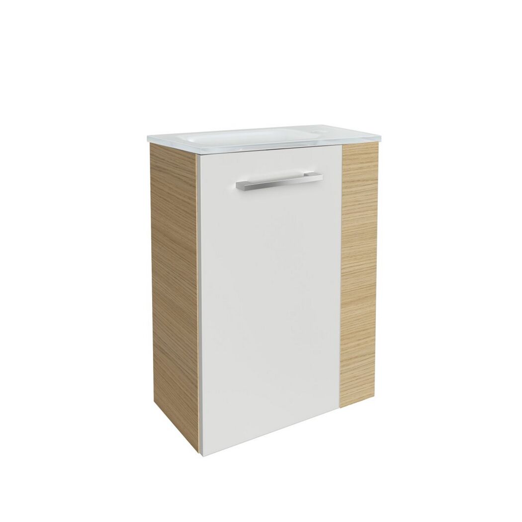Weißer Waschbeckenunterschrank mit Holzapplikationen.