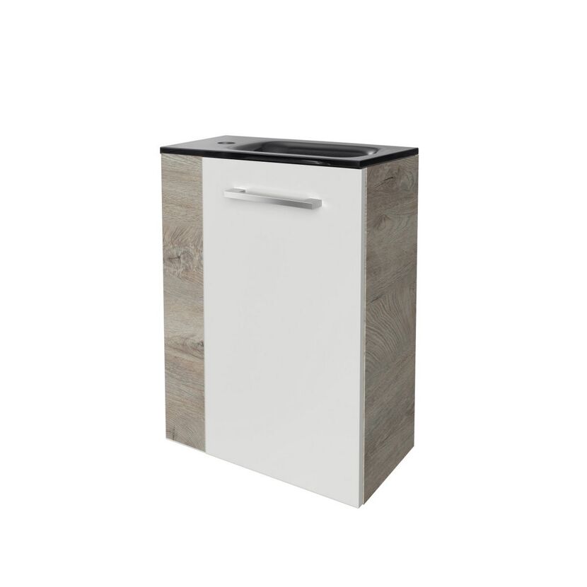 Weißer Waschbeckenunterschrank mit grauen Seitenelementen und schwarzer Glasplatte.