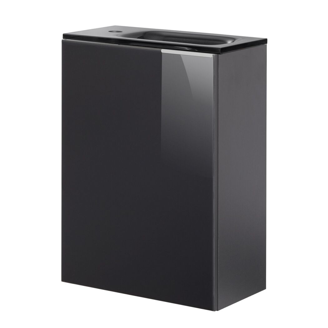Schwarzer Waschbeckenunterschrank mit Glasfront.