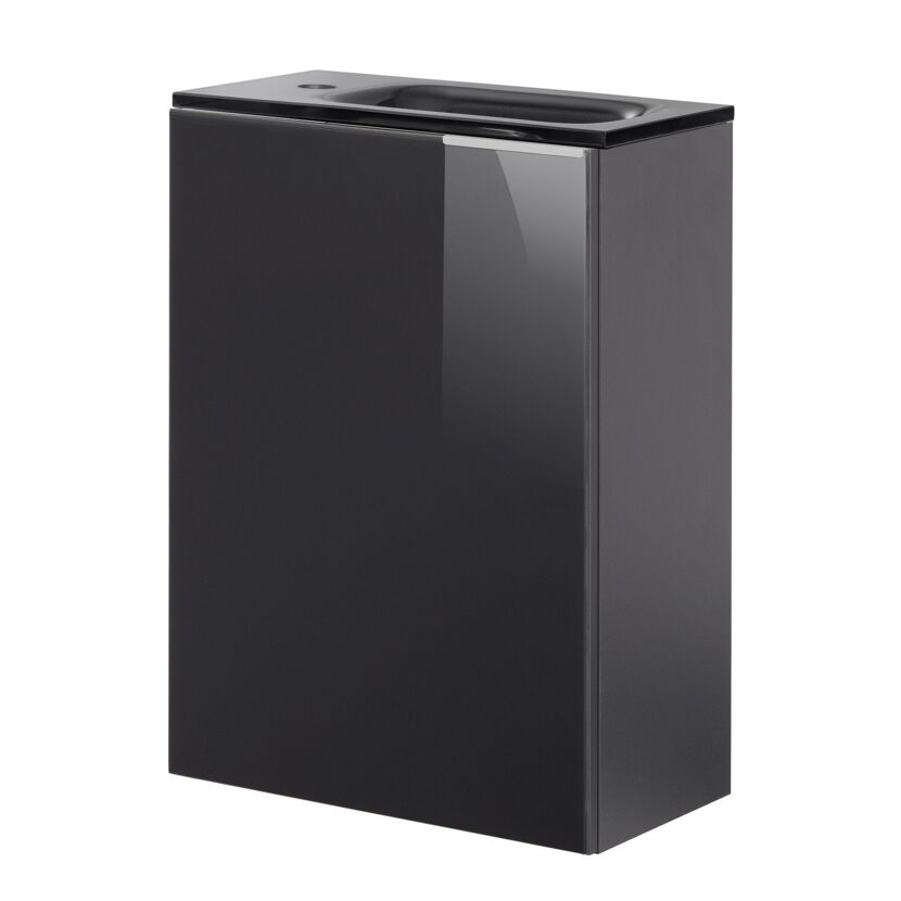 Schwarzer Waschbeckenunterschrank mit Glasfront.