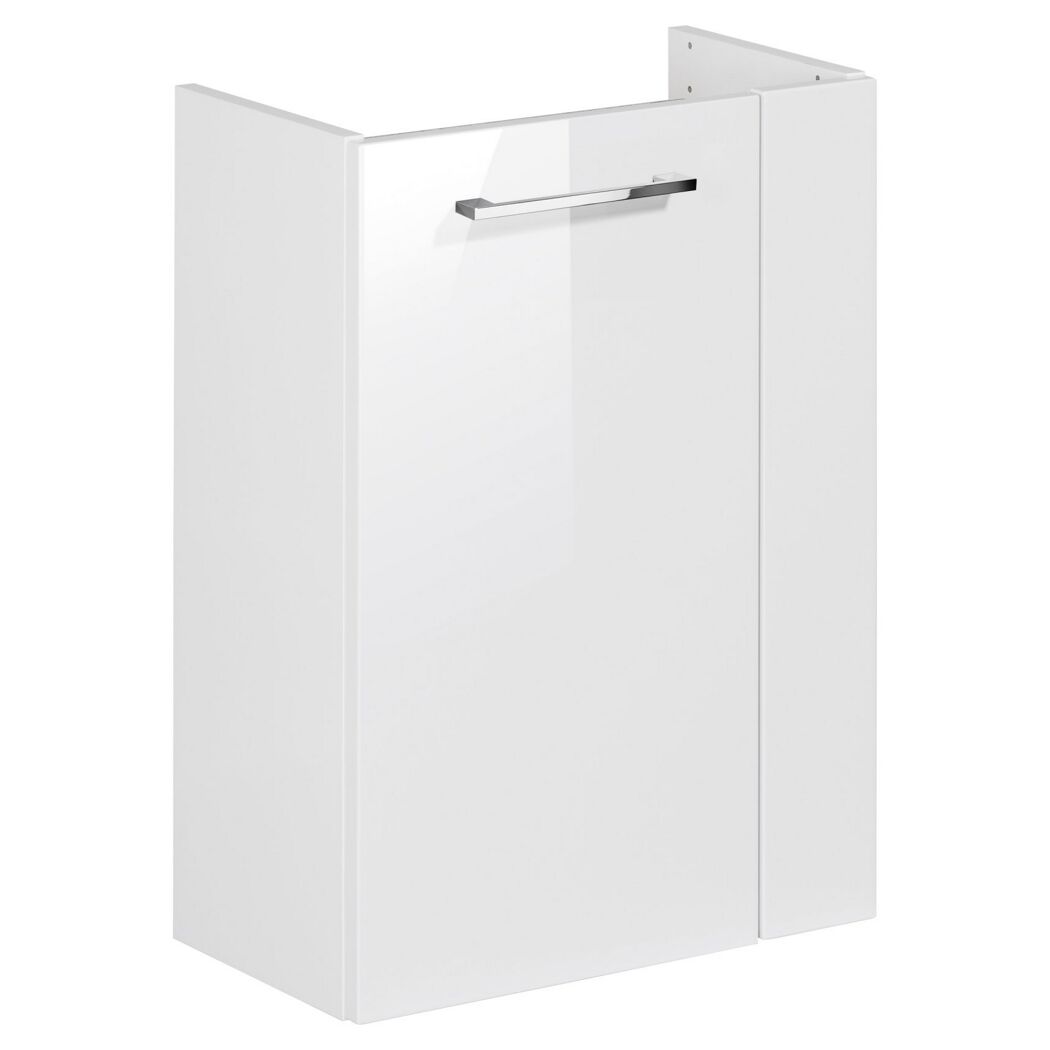 Weißer Waschbeckenunterschrank mit silbernem Griff.
