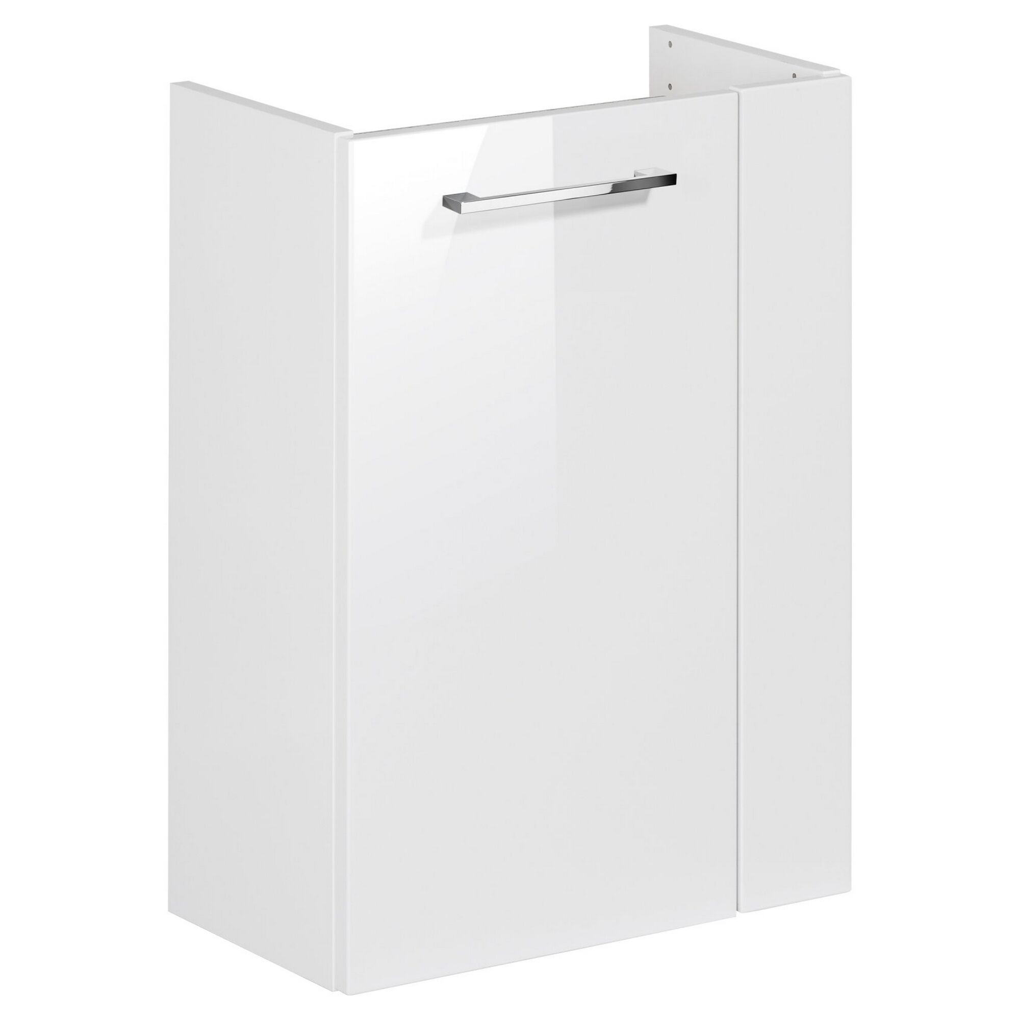 Weißer Waschbeckenunterschrank mit silbernem Griff.