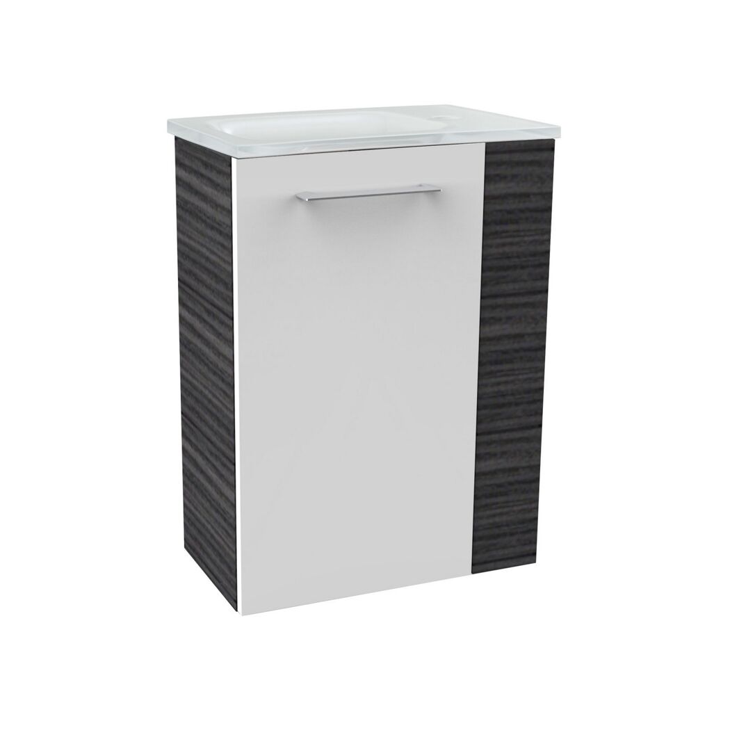 Weißer Waschbeckenunterschrank mit grauer Seitenwand.