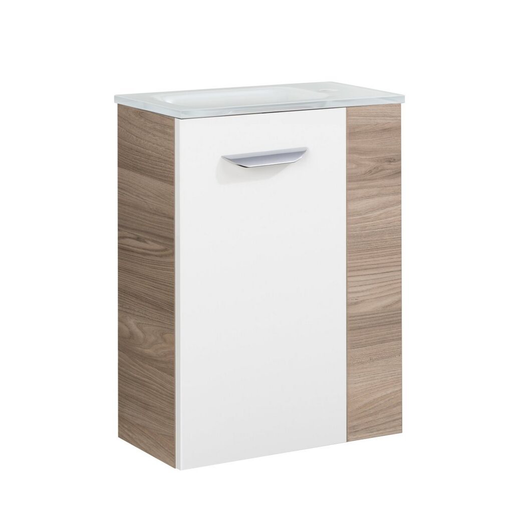 Weißer Waschbeckenunterschrank mit braunen Seiten und Glasplatte.