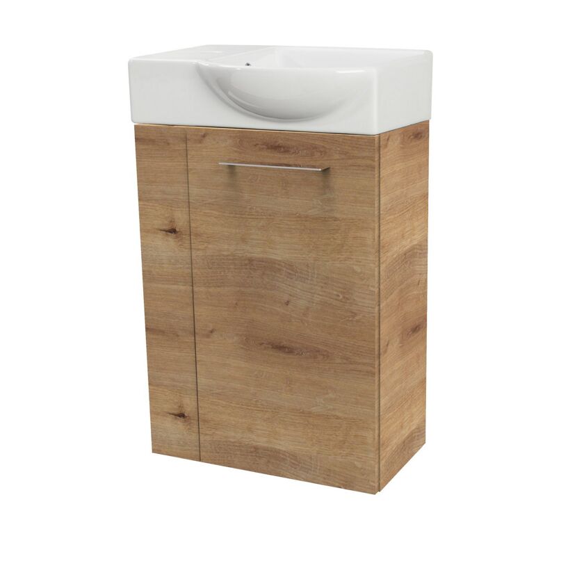 Waschbeckenunterschrank mit Waschbecken und Türgriff