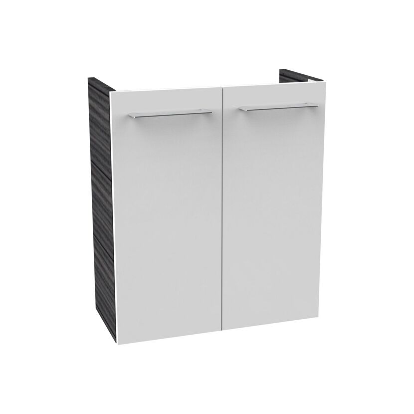 Weißer Waschbeckenunterschrank mit zwei Türen und Metallgriffen.