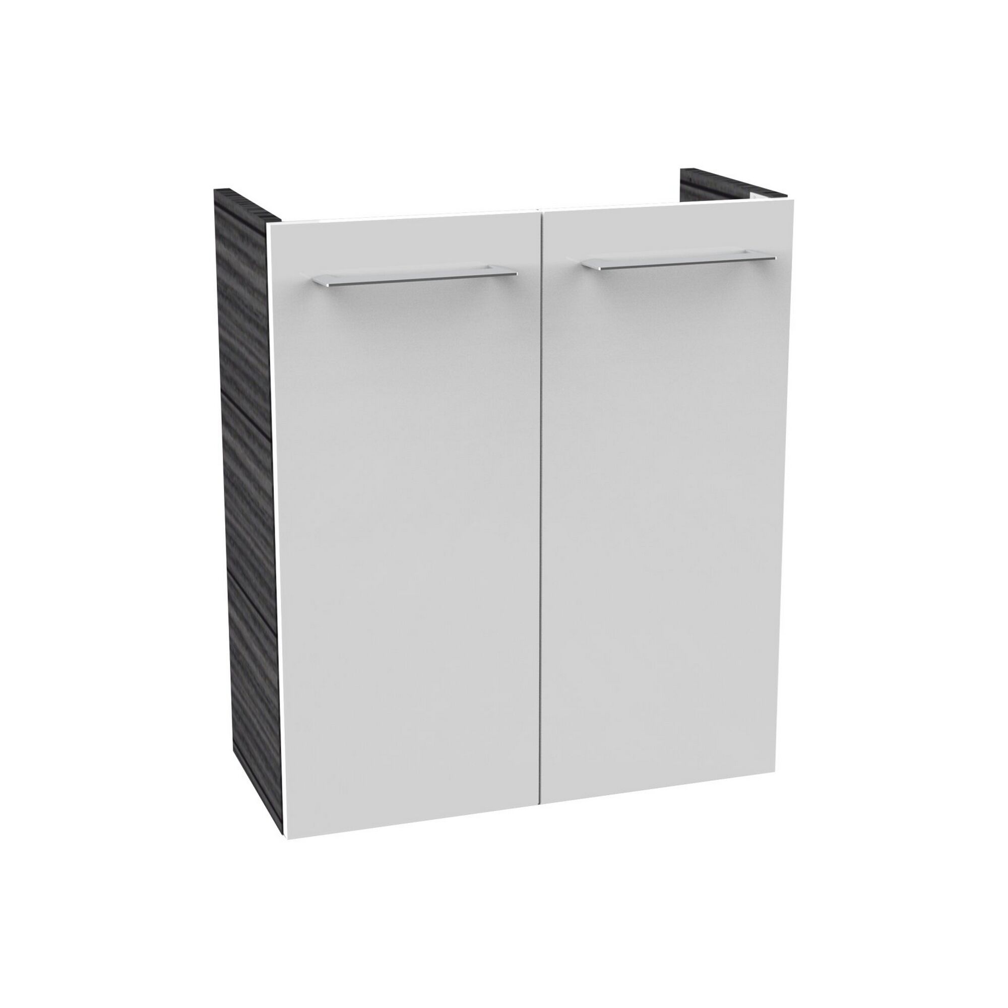 Weißer Waschbeckenunterschrank mit zwei Türen und Metallgriffen.