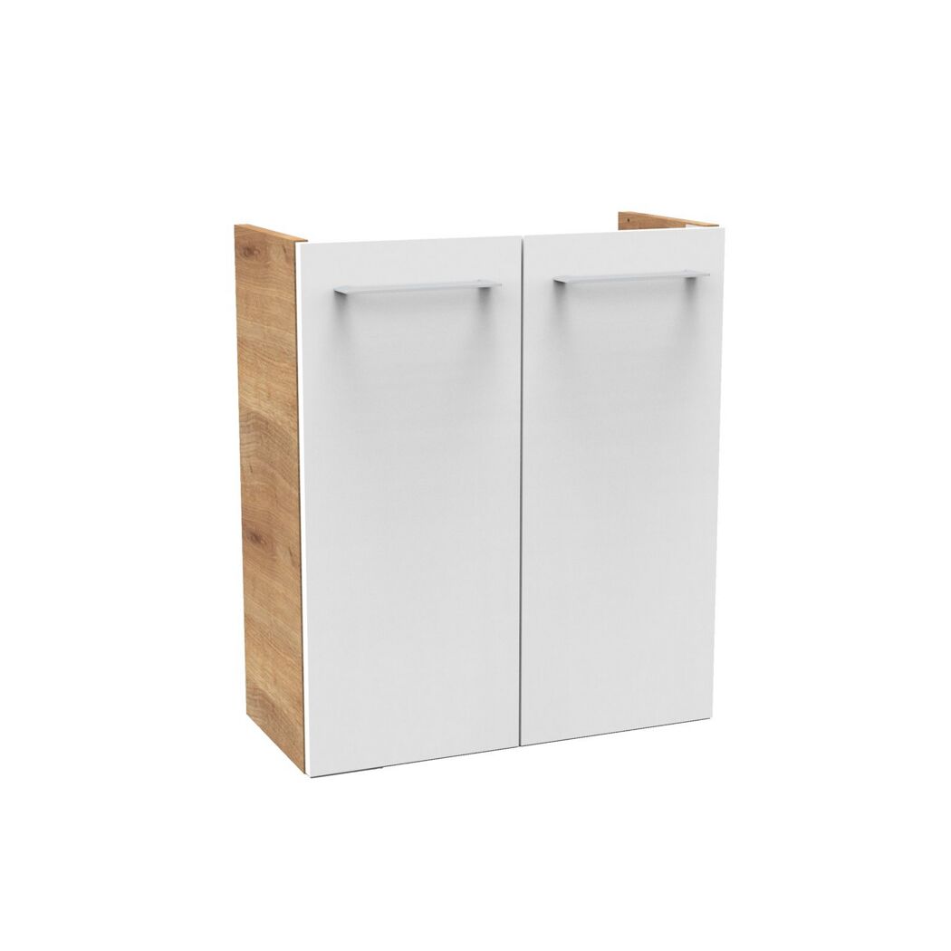 Weißer Waschbeckenunterschrank mit zwei Türen und Metallgriffen.