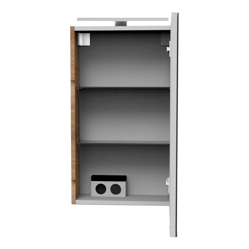 Geöffneter Spiegelschrank mit Steckdose und brauner Seitenwand