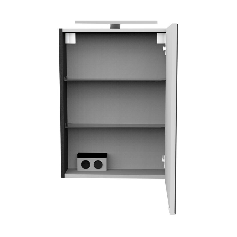 Offener Spiegelschrank mit Steckdose und Ablagefächern