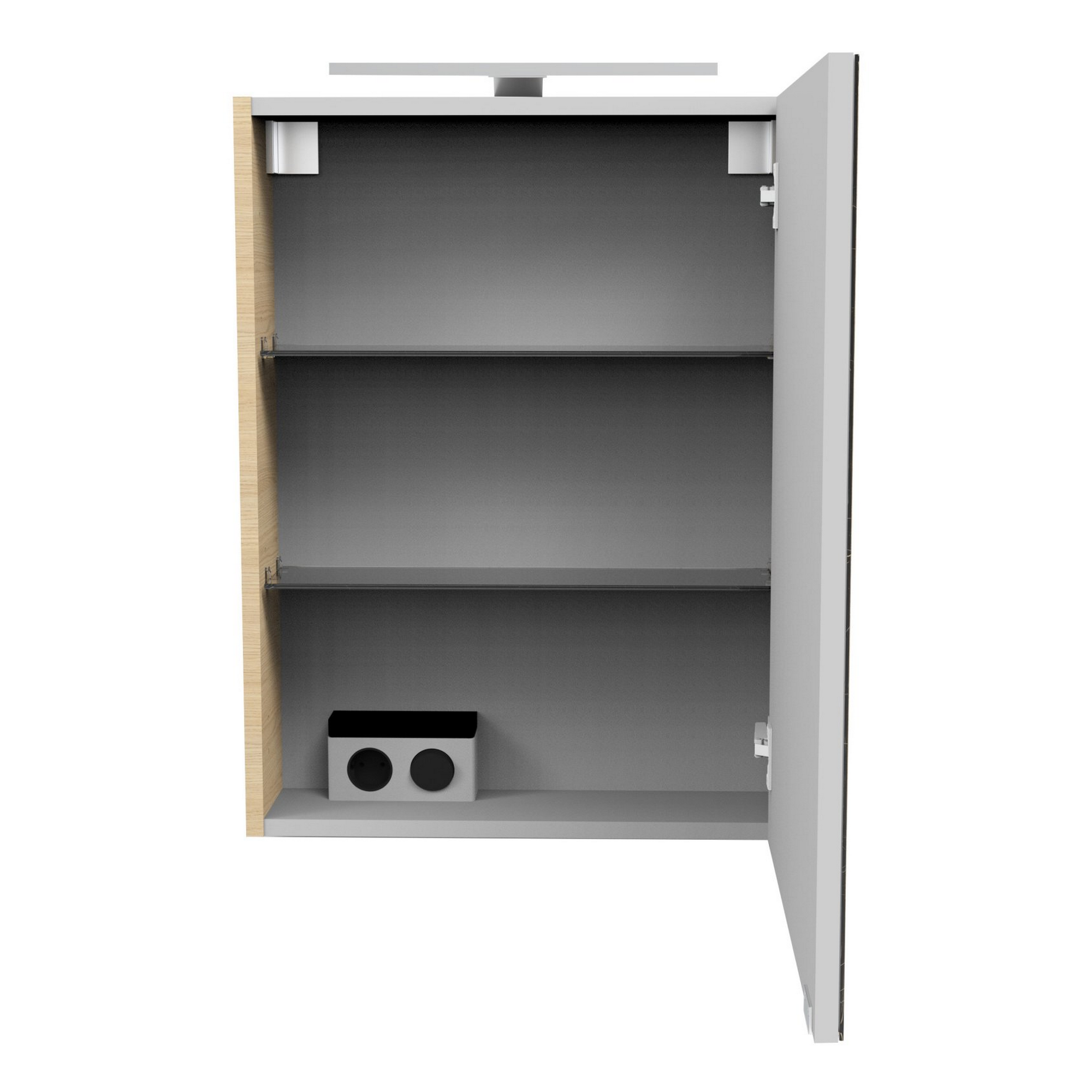 Offener Spiegelschrank mit Steckdose und Ablagefächern.
