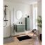 Modernes Badezimmer mit grünem Waschbeckenunterschrank und schwarzer Duscharmatur.