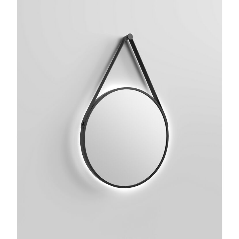 Runder, beleuchteter Spiegel mit Lederriemen