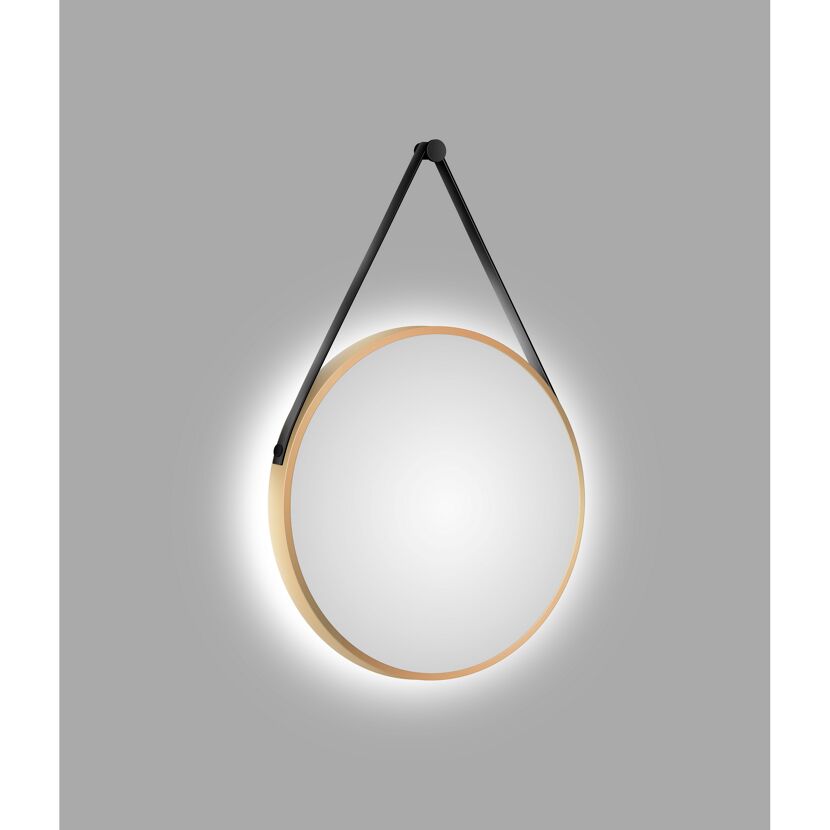 Runder LED-Spiegel mit goldfarbenem Rahmen und schwarzem Lederband