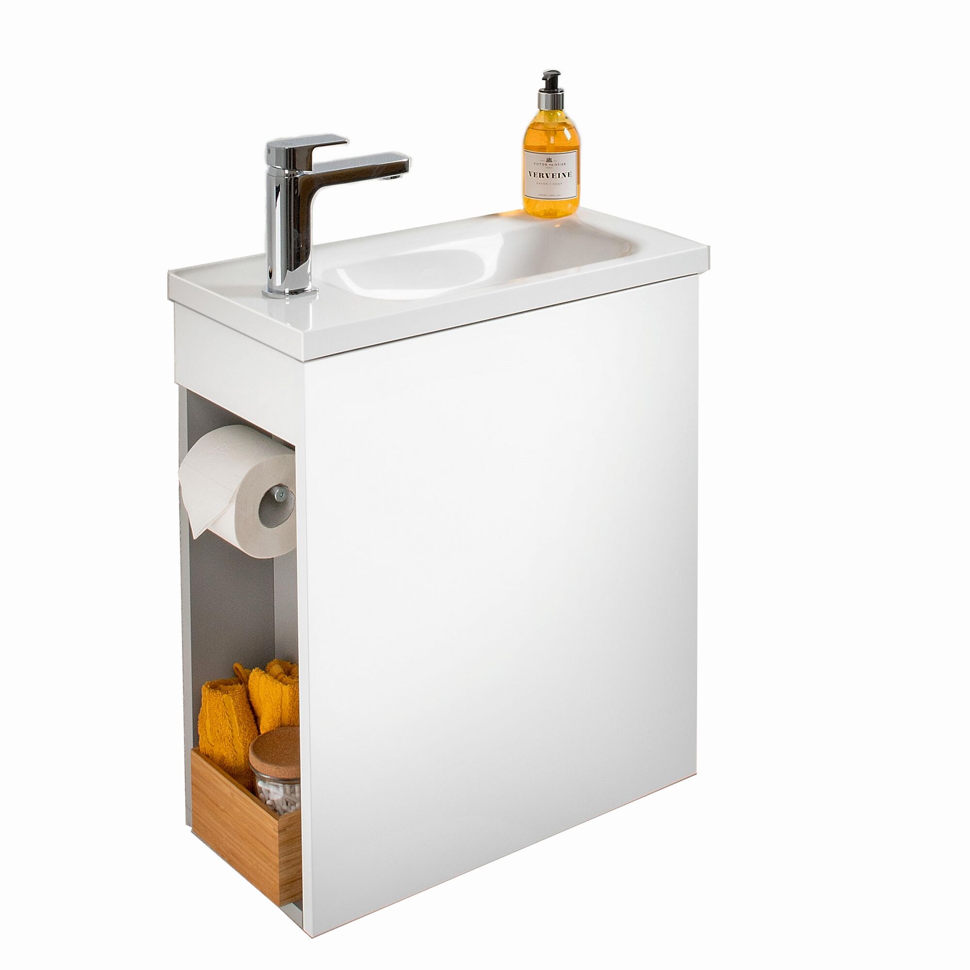 Weißer Waschtisch mit Unterschrank, Armatur und Seifenspender