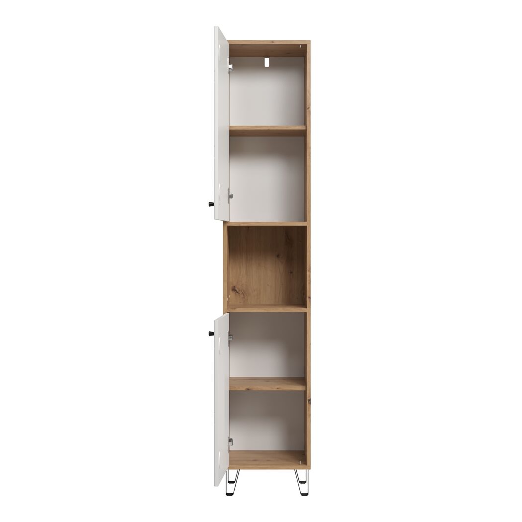 Weißer Hochschrank mit offenen Türen, Innenansicht